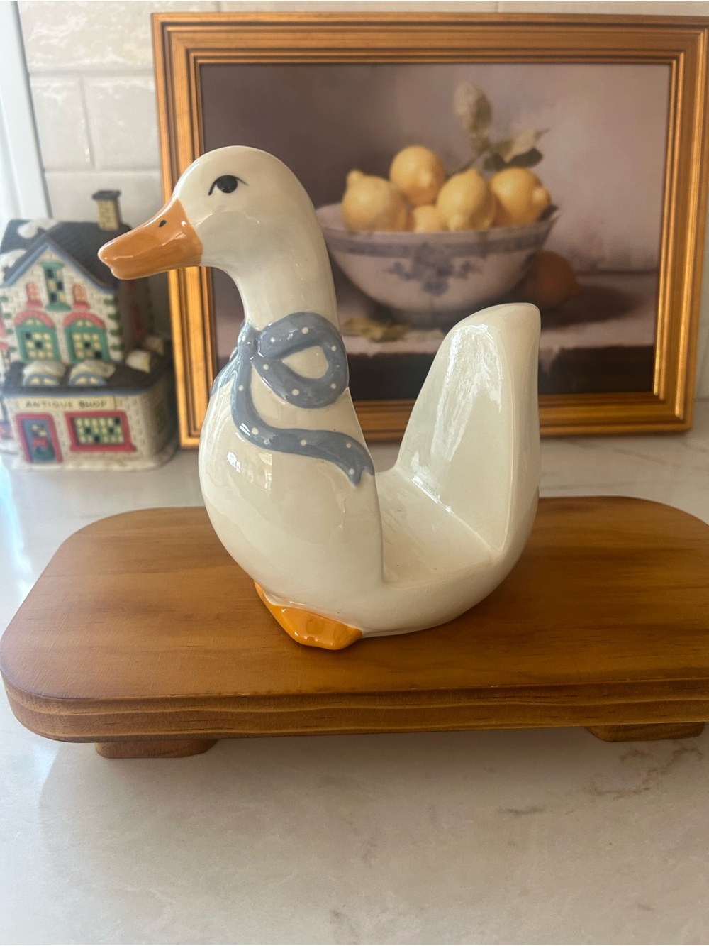 Vintage Ceramic Goose Duck Napkin Holder Blue Scarf Country Kitchen 7”